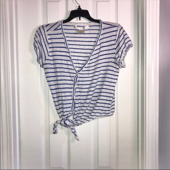 Max Studio Linen Crop Top Button Down White Blue Stripes - Picture 1 of 8